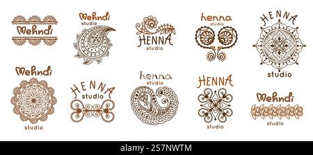 Indian beauty studio emblems. Mehndi salon with traditional mandala or oriental ornament elements. Ethnic sign design. Mendy logo. Yoga club. Henna ta Stock Vector