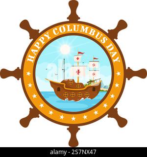 Happy Columbus Day Vector Illustration of National Usa Holiday with Ship and American Flag Background in Flat Cartoon Hand Drawn Templates Stock Vector