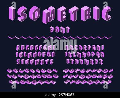 Isometric alphabet. 3D projection font. Uppercase letters and numbers. Geometric text shapes. Different view angles. Three dimensional ABC symbols. Ty Stock Vector