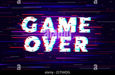 Game over screen with glitch effects. Video gaming. Distorted text with bugs. Broken pixels. Visual noises. Digital interference. Failure graphic. Cyb Stock Vector