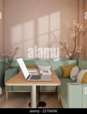 A laptop placed on a wooden table in modern pastel cafe or office lounge featuring a light green sofa with pillows, a pastel pink wall, and beautiful Stock Photo