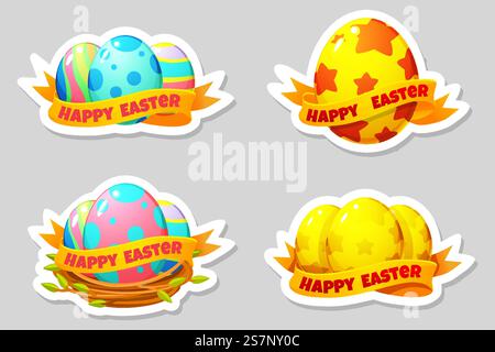 Set of Easter eggs stickers in bird nest for your greeting card, stickers, invitations and many other designs. Vector illustration in flat cartoon Stock Vector