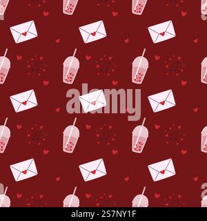Saint Valentines seamless background with hearts, envelope, bubble tea and music notes. Trendy hand-drawn pattern in flat style for wrapping and Stock Vector