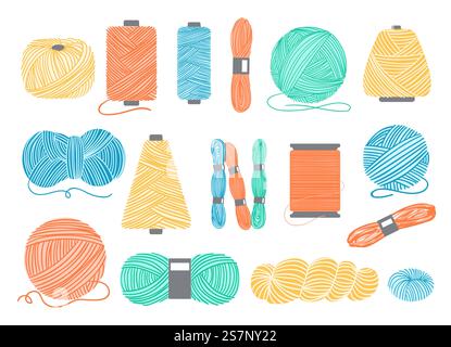 Cartoon wool and spools. Sewing threads. Knitting or crochet yarn. Skeins and balls. Knit bobbins. Handcraft dressmaking elements. Cozy hobby. Embroid Stock Vector