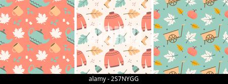 Set of Autumn Season Seamless Pattern Design with Fall Elements in Template Cartoon Illustration Stock Vector