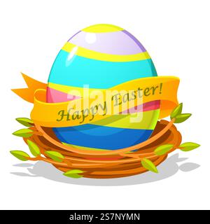 Easter egg in bird nest for your greeting card, stickers, invitations and many other designs. Vector illustration in flat cartoon style Stock Vector