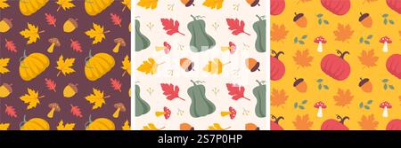 Set of Autumn Season Seamless Pattern Design with Fall Elements in Template Cartoon Illustration Stock Vector