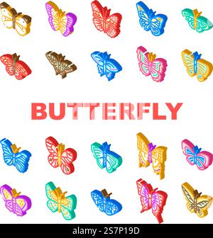 butterfly white nature icons set vector. spring animal, insect fly, blue wing, graphic summer, pink yellow, wedding style butterfly white nature isometric sign illustrations. butterfly white nature icons set vector Stock Vector