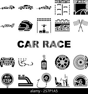 car speed auto race icons set vector. sport drive, road vehicle, automobile fast, automotive blue, motion car speed auto race glyph pictogram Illustrations. car speed auto race icons set vector Stock Vector