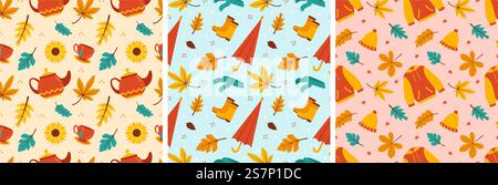 Set of Autumn Season Seamless Pattern Design with Fall Elements in Template Cartoon Illustration Stock Vector
