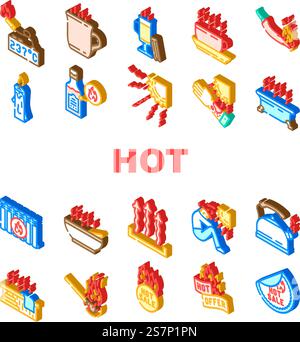 hot heat cold fire icons set vector. flame air, warm summer, sign spicy, cool water, snowflake label, temperature hot heat cold fire isometric sign illustrations. hot heat cold fire icons set vector Stock Vector
