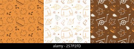 Set of Autumn Season Seamless Pattern Design with Fall Elements in Template Cartoon Illustration Stock Vector