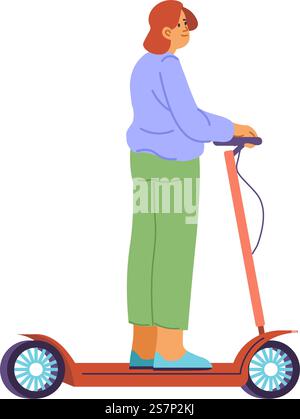 Electric scooter for city or town riding, isolated woman on segway. Female personage using ecologically friendly means of transportation. Alternative to cars and petrol vehicles. Vector in flat style. Eco transportation in city, electric scooters Stock Vector