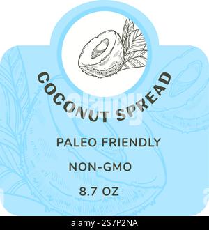 Paleo friendly healthy meal and snacks, coconut spread ingredient for cooking. Preparing food and dishes, vegan friendly and vegetarian menu. Product label or emblem for package. Vector in flat style. Coconut spread, paleo friendly healthy product Stock Vector