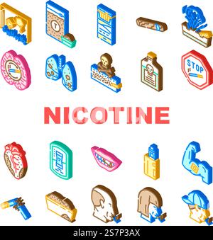 nicotine tobacco unhealthy icons set vector. health product, danger snus, chemical pouch, box lifestyle, cigarette smoking nicotine tobacco unhealthy isometric sign illustrations. nicotine tobacco unhealthy icons set vector Stock Vector