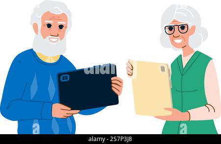 woman seniors using tablet vector. person home, technology adult, mature old woman seniors using tablet character. people flat cartoon illustration. woman seniors using tablet vector Stock Vector