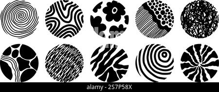 Textures and patterns fashionable textile or fabric samples. Isolated rounded shapes and circles with monochrome waves and lines, flowers in blossom and stylish prints. Vector in flat styles. Monochrome textures, lines and waves, flowers Stock Vector