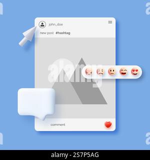 Realistic 3d social media template. Interaction between people through social networks. Media interface concept with smiling anthropomorphic faces. Realistic 3d social media template. Interaction between people through social networks. Media interface concept with smiling faces Stock Vector
