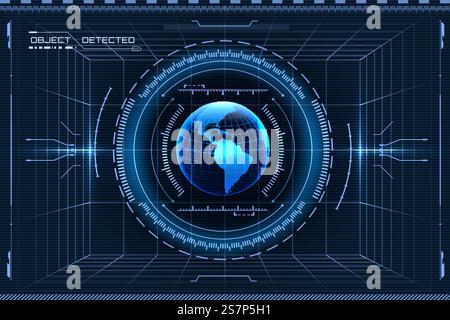 Hologram of planet Earth with HUD user interface. Techno target screen elements. Futuristic user interface. Virtual graphic. Infographic elements. Hologram of planet Earth with HUD user interface. Techno target screen elements. Futuristic user interface. Virtual graphic Stock Vector