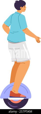 Man on hoverboard, isolated ecologically friendly transport for personal usage. man riding or commuting to work. Helping nature and environment, caring for purity. Vector in flat style illustration. Ecologically friendly transport, man on hoverboard Stock Vector