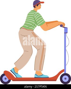 Electric scooter for city or town transportation, isolated man using ecologically friendly gadgets and vehicles for commuting and driving around. Male personage on weekends. Vector in flat style. Eco transportation for city or town, scooters Stock Vector