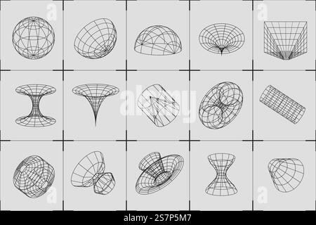 Wireframe geometric shapes in different phormes. Abstract 3d grid design. Universal trendy geometric shapes. Elements with liquid effect. Wireframe geometric shapes in different phormes. Abstract 3d grid design. Universal trendy geometric shapes Stock Vector