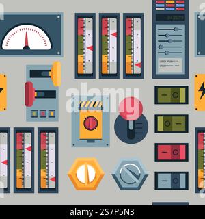 Controlling system panel with buttons and displays, levers, and scale showing intensity. Knob and switches to turn on or off, control on industry or factory. Vector in flat style illustration. Panel with buttons and levels, pointers and lever Stock Vector