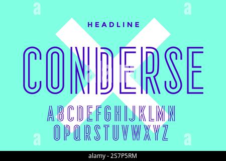 Line condensed alphabet and font. Condensed thin uppercase outline letters. Type, typography letter line font. Hand-drawn modern narrow sans serif line font for headline. Vector Illustration. Line condensed alphabet and font Stock Vector