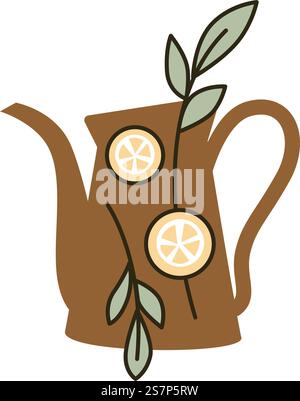Lemonade or tea in teapot, isolated warm beverage with orange or lemon slices, leaves of mint, branches and delicious taste. Aromatic drink for summer, cafe or restaurant. Vector in flat style. Organic and natural tea beverage in pot, lemonade Stock Vector