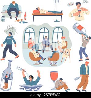 People drinking alcohol beverages, isolated characters with addiction. Drunk personages in company with bottles, abuse and health problems and issues, drowning. Vector in flat style illustration. Alcohol addiction, alcoholics with drinks and cups Stock Vector