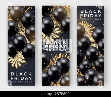 Three Black Friday vertical sale poster with realistic balloons, fireworks and confetti on black background. Black Friday vector sale label. Design element for banners, flyers, cards. Three Black Friday vertical sale poster with realistic balloons, fireworks and confetti on black background. Black Friday sale label. Design element for banners, flyers, cards Stock Vector