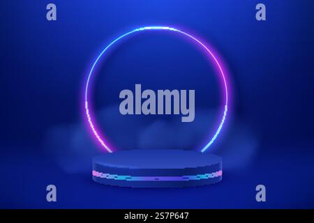 Empty podium with line gradient neon ring. Abstract scene with pink and blue neon glowing frame and smoke. Mockup scene. Geometry shape platform. Empty podium with line gradient neon ring. Abstract scene with pink and blue neon glowing frame and smoke. Mockup scene Stock Vector