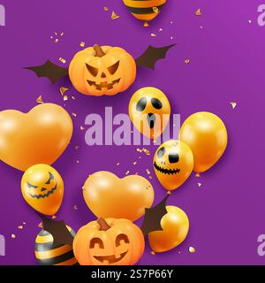 Halloween banner with flying pumpkins, confetti and ghost balloons on purple background. Halloween background with scary air balloons. Holiday greeting card mock up. Halloween banner with flying pumpkins, confetti and ghost balloons on purple background. Halloween background with scary air balloons. Holiday greeting card Stock Vector
