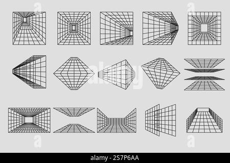 Wireframe geometric shapes in different phormes. Abstract 3d grid design. Universal trendy geometric shapes. Perspective grid. Wireframe geometric shapes in different phormes. Abstract 3d grid design. Universal trendy geometric shapes Stock Vector