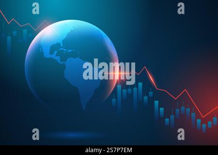 Hologram of planet Earth with negative vector chart of investment financial data. Graph stock market with rising candlesticks. The concept of economic recession and crisis. Fall of world trade. Hologram of planet Earth with negative chart of investment financial data. The concept of economic recession and crisis. Fall of world trade Stock Vector
