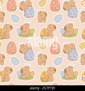 Easter Seamless pattern. Cute paschal Capybara sticker with decorative Eggs on light brown background. Holiday cartoon kawaii animal backdrop. Vector Stock Vector
