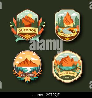 Set of four mountain travel emblems. Camping outdoor adventure emblems, badges and logo patches. Mountain tourism, hiking. Forest camp labels in vintage style. Set of four mountain travel emblems. Camping outdoor adventure emblems, badges and logo patches. Forest camp labels in vintage style Stock Vector