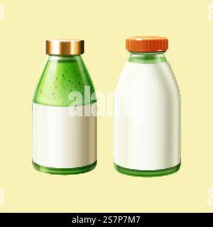 3D Illustration of two green glass bottles with blank labels. One with metallic cap and the other with plastic cap. Mockups for kiwi juice, aojiru, or green colored soft drink. Two bottles of green liquid Stock Vector