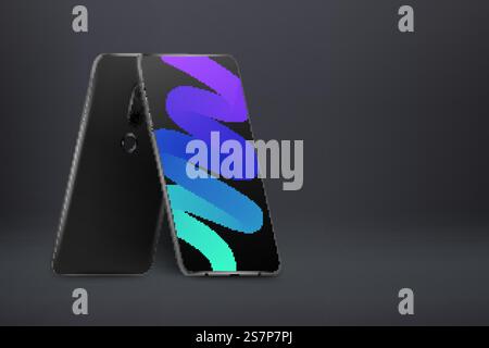 Back and front smartphone view in rotated position on dark background. Realistic mobile phones perspective view. Mock up cell phone. Template for showing app design, advertising or website. Back and front smartphone view in rotated position. Realistic mobile phones perspective view. Mock up cell phone. Template for showing app design, advertising or website Stock Vector