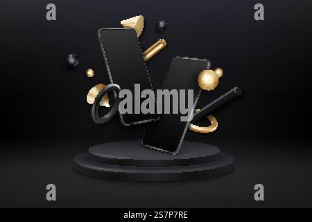 Two dark realistic smartphones with geometric figures on podium. 3d mobile phones and simply realistic objects. Modern cell phones template on black background. Two dark realistic smartphones with geometric figures on podium. 3d mobile phones and simply realistic objects. Modern cell phones template Stock Vector