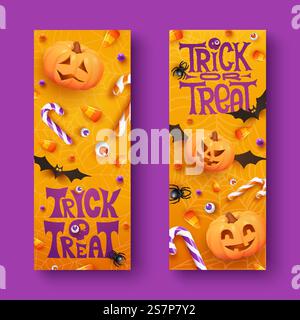 Two Halloween vertical banners with candies, spiders, bats and pumpkins on orange background. Trick or Treat. Halloween banner template with realistic Jack O Lantern pumpkins. Two Halloween horizontal banners with candies, spiders, bats and pumpkins on orange background. Halloween banner template with realistic Jack O Lantern pumpkins Stock Vector