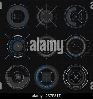 Futuristic optical aim, HUD compass, collimator sight, targets focus, military aim system, pointers, targets infographic vector elements. Sci Fi user interface. Elements of HUD game navigation. Digital dashboard panel illustration. Futuristic optical aim, HUD compass, collimator sight, targets focus, military aim system, pointers, targets infographic elements. Sci Fi user interface. Elements of HUD game navigation Stock Vector