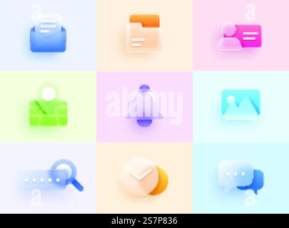 3d minimal glass morphism ui icon set for website or mobile app.. 3d website or mobile app icon set Stock Vector