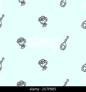 Simple black and white seamless pattern with holiday attributes, New Year, champagne, bouquet of flowers. Editable background Stock Vector