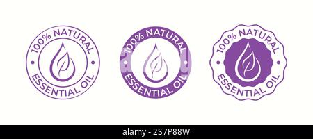 Essential oil drop and leaf icon for beauty and skincare natural product certificate tag. 100 percent essential oils sticker logo for body lotion, cream and shampoo moisturizer, spa wellness fragrance Stock Vector