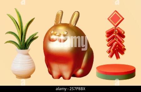 3D Bunny figurine, a white vase of snake plant, firecreacker, and podium. Rabbit with white carrot elements Stock Vector