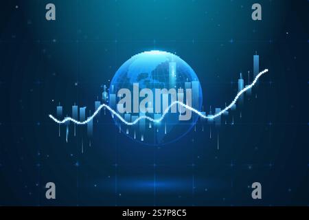 Hi-tech hologram of planet Earth with glowing vector chart of investment financial data. Graph stock market with rising candlesticks. Infographic elements and realistic transparent world map. Analysis indicators, statistics diagram, business charts. Hi-tech hologram of planet Earth with glowing vector chart of investment financial data. Graph stock market with rising candlesticks. Infographic elements and realistic transparent world map Stock Vector