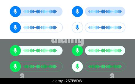 Voice messages, audio chat or messenger record interface, vector playback bubbles. Voice message UI UX or record play of audio chat in mobile phone messenger blue and green. Voice messages, audio chat or messenger record interface, vector playback bubbles. Voice message UI UX or record play of audio chat in mobile phone messenger Stock Vector