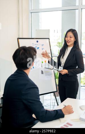 A confident, positive Asian businesswoman is presenting her project to her team in a meeting room, explaining charts on a board. business people and m Stock Photo