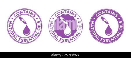 Essential oil contain, drop and dropper icon, beauty and skincare products vector tag. Contains natural essential oils, cosmetic sign with oil droplet and pipette Stock Vector